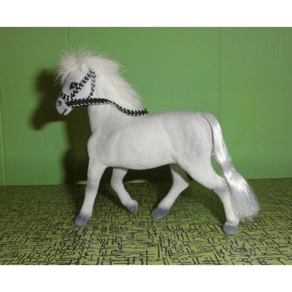 Vintage White & Gray Fuzzy Flocked Horse w/ Bridal Figurine collectable - Picture 3 of 14